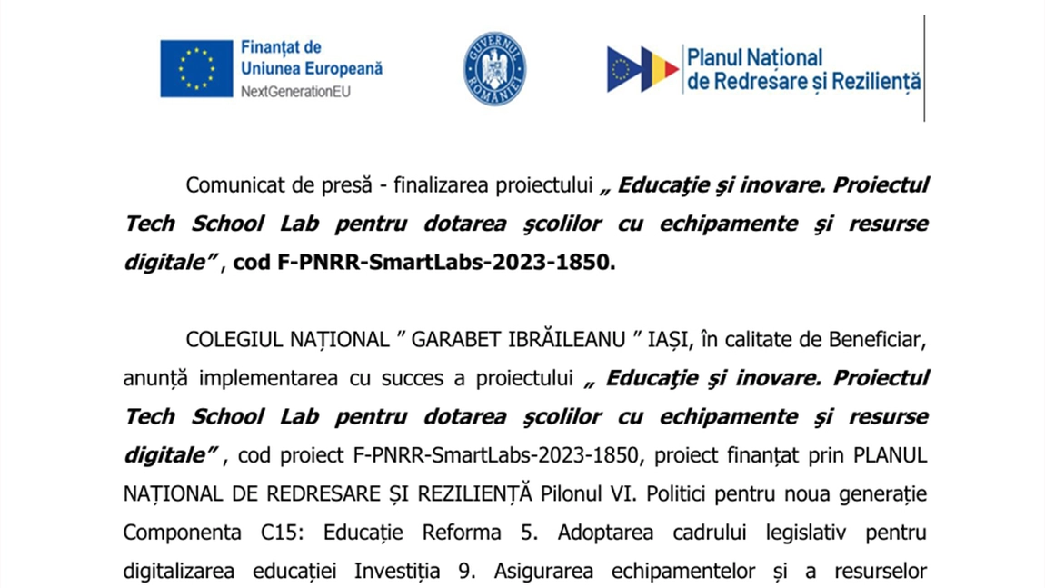 Comunicat de presă - finalizarea proiectului „Educaţie şi inovare. Proiectul Tech School Lab pentru dotarea şcolilor cu echipamente şi resurse digitale”, cod F-PNRR-SmartLabs-2023-1850