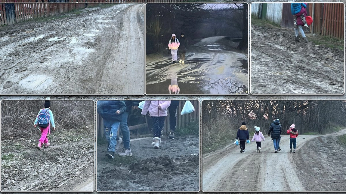Imaginea anului 2025, la Iași! Copiii merg, zilnic, kilometri întregi prin întuneric, frig și noroi, până la școală. Primar: „Plângi de mila lor, cu glodul până la jumătate. Drumul e catastrofă”