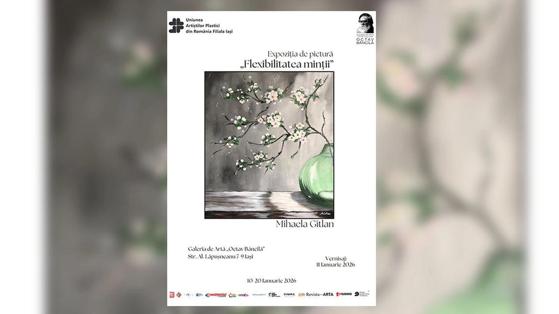 Invitație la expoziția de pictură intitulată „Fexibilitatea minții ” semnată de artista Mihaela Gîtlan