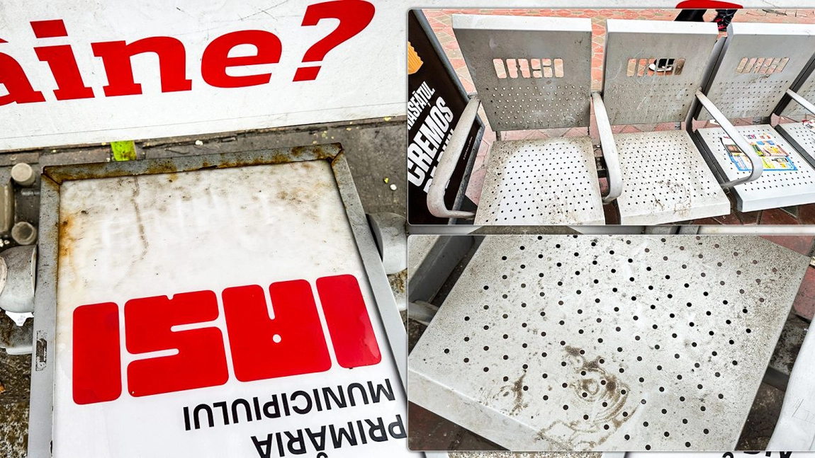 Oamenii sunt obligați să aștepte, în picioare, în stațiile de transport public din Iași! La niciun an de la montare, scaunele sunt ruginite și mizerabile!
