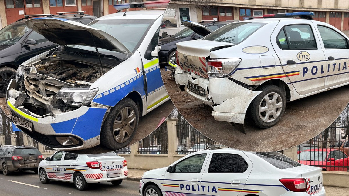 Accident neobișnuit în Copou: două autospeciale de poliție s-au izbit violent, iar una dintre ele a fost proiectată într-un autoturism. Erau conduse de polițiști de 21 și 23 de ani