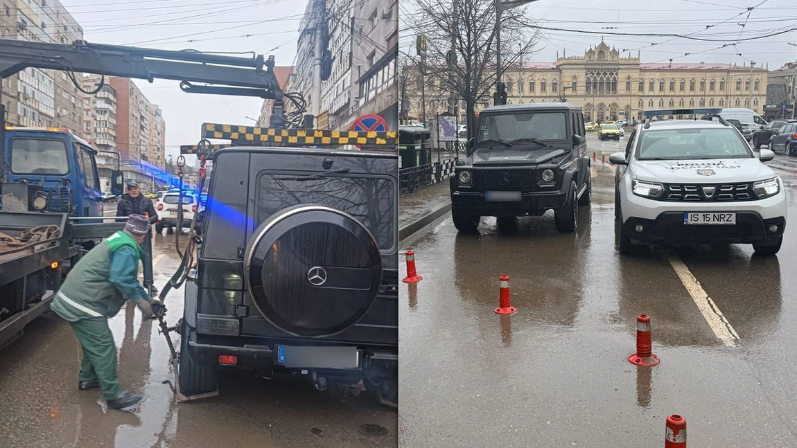 Un Mercedes clasa G, cu numere de Germania, a blocat o stradă din Iași timp de peste o oră. Polițiștii nu au reușit să ridice bolidul, deoarece era prea greu