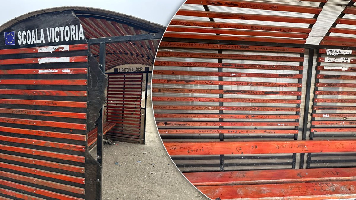 O stație de autobuz din comuna Victoria, vandalizată de elevii de la școală. Locul este plin de mesaje obscene, chiștoace de țigări și mizerie