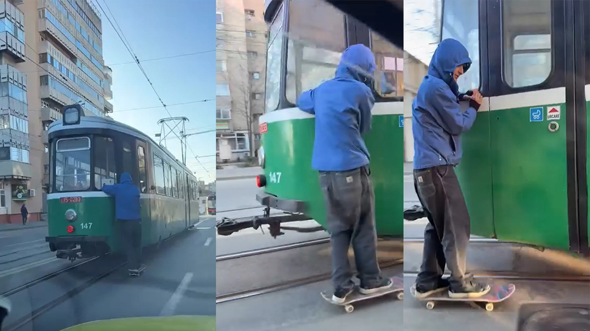 Imagini incredibile în Iași! Un tânăr pe skateboard s-a agățat de un tramvai în mers, în Piața Unirii