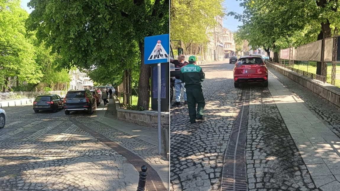 Trotuarul de pe strada Ion C. Brătianu a devenit parcare pentru mașini! Autoturismele aparțin studenților care vin la festivitățile de la Teatrul Național