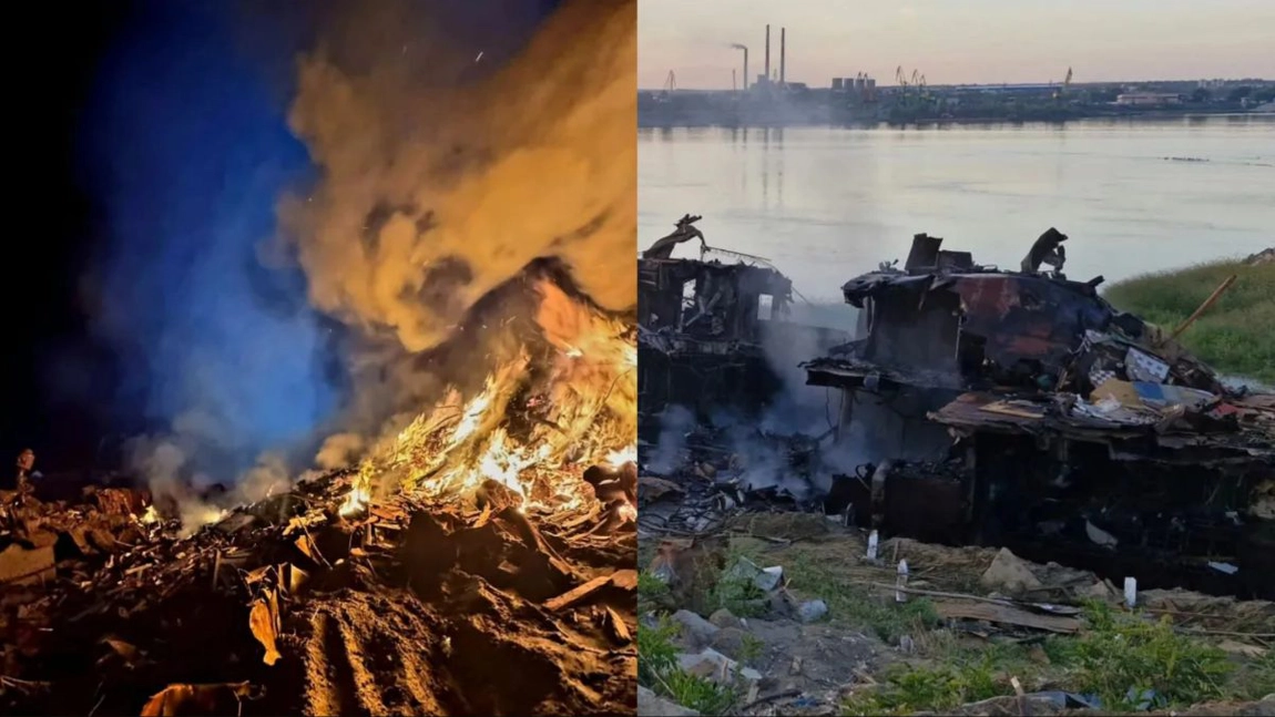 Foc și pericol de explozie pe malul Dunării! Incendiu violent la o navă dezafectată din Giurgiu