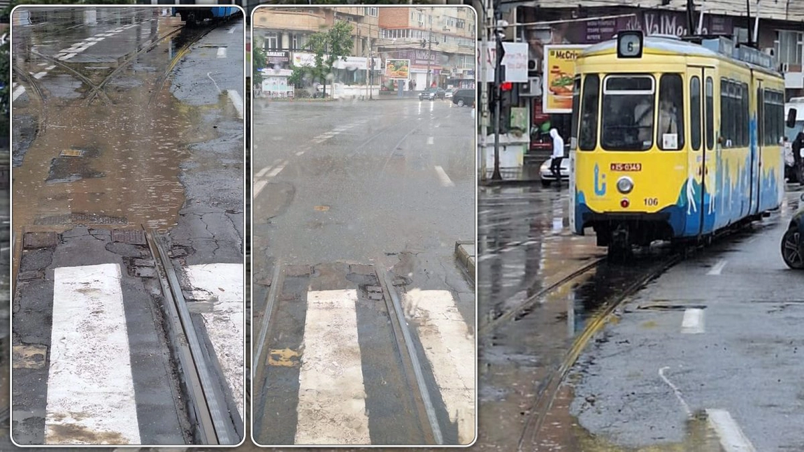 Probleme majore la macazurile liniilor de tramvai din Iași! Vatmanii trebuie să caute șina cu mâna, deoarece totul este acoperit de apă: „Nici nu știm ce direcție este”