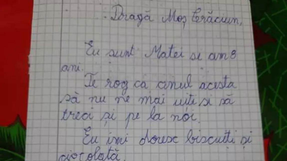 Scrisoarea emoționantă a unui copil din Târgoviște pentru Moș Crăciun: „Te rog ca anul acesta să nu ne mai uiţi”