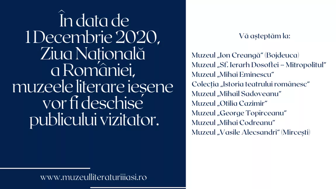 Muzeele literare ieşene, deschide de 1 Decembrie 2020