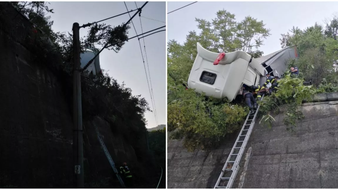 Accident rutier grav pe DN6 Orşova - Severin. Un TIR a căzut într-o râpă, iar şoferul este blocat în cabină - FOTO