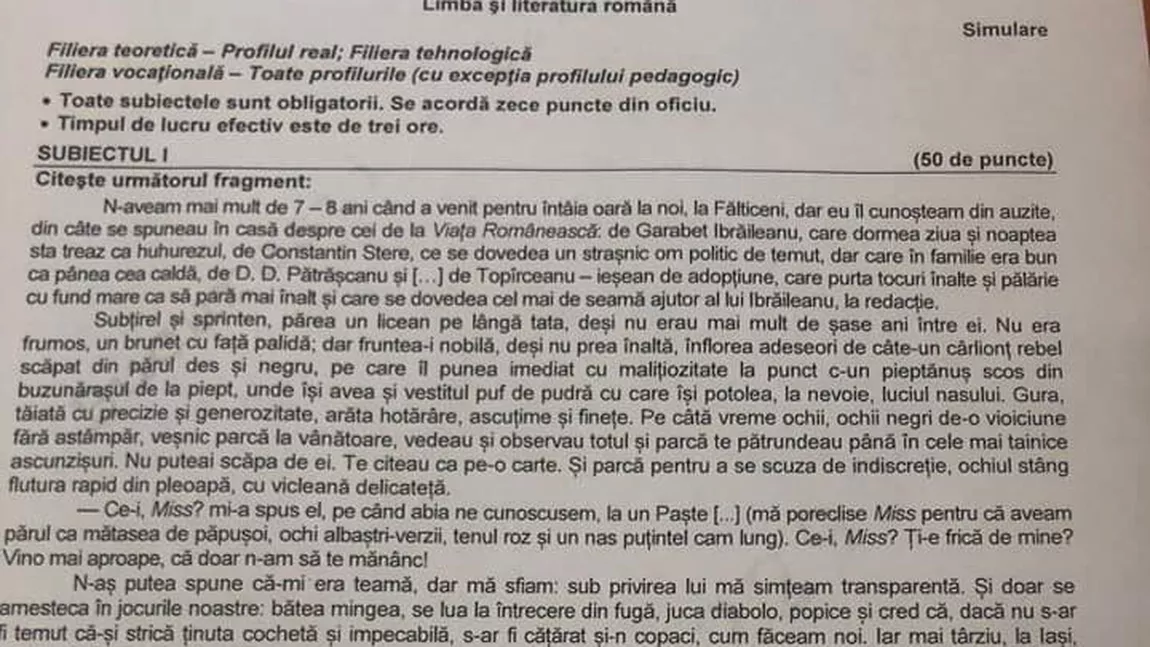 Simulare Bacalaureat Limba și Literatura Română 2022. Subiecte și bareme