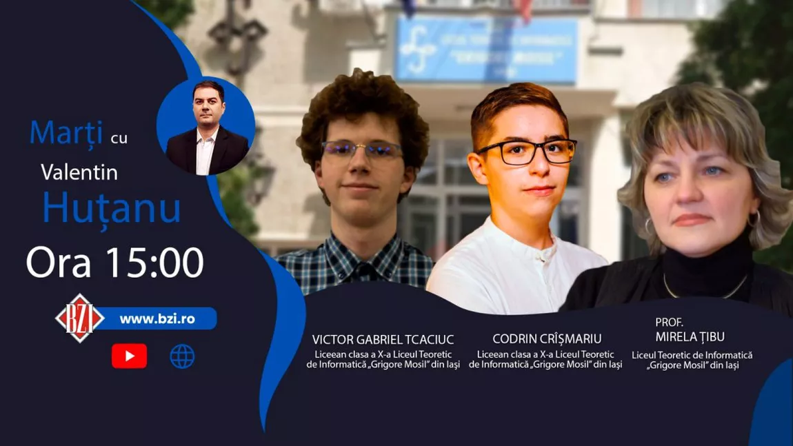 LIVE VIDEO - Ediție-dialog BZI LIVE specială alături de membri ai echipei care a participat la cea mai mare competiţie de robotică din România: Mirela Țibu și liceenii Victor Gabriel Tcaciuc (clasa a X-a) și Codrin Crîșmariu (clasa a X-a) - Liceul Teoretic de Informatică ”Grigore Moisil” Iaşi - FOTO