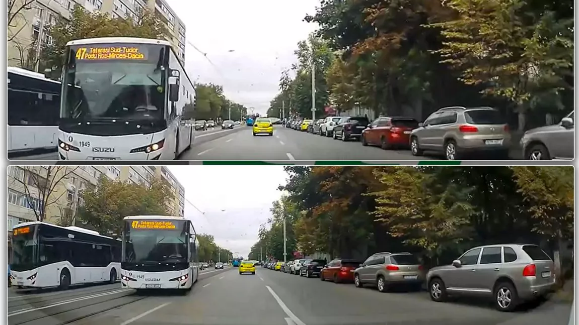 Întrecere între autobuzele CTP! Un șofer inconștient s-a angajat într-o depășire neregulamentară, punând în pericol viața pasagerilor - VIDEO