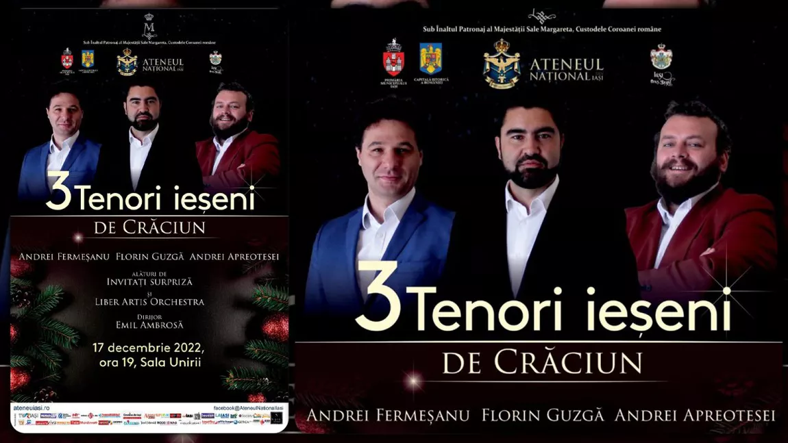 Cel mai așteptat concert din luna cadourilor: „3 tenori ieșeni de Crăciun”, cu Andrei Fermeșanu, Florin Guzgă și Andrei Apreotesei