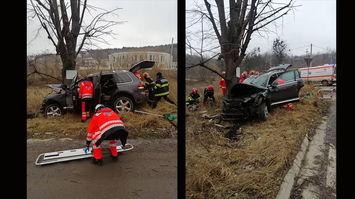 Accident rutier grav în Bucium. Un VW Touareg a intrat într-un copac. O victimă a rămas încarcerată - EXCLUSIV, FOTO, VIDEO