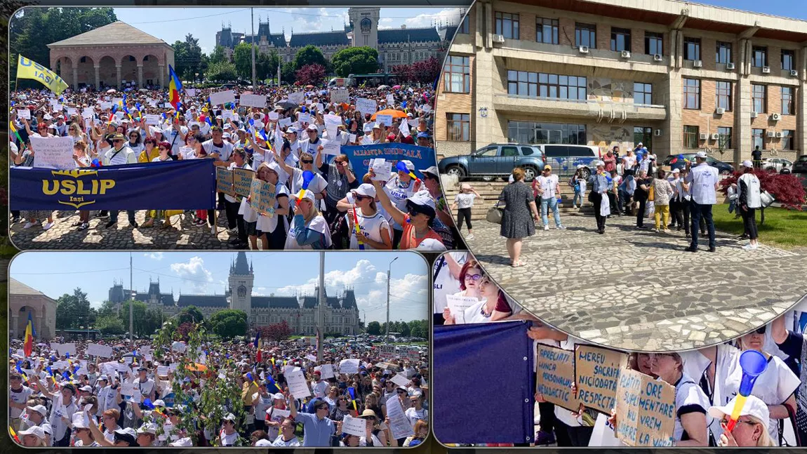 Profesorii din Iași au ieșit în stradă pentru salarii mai mari! Paradoxal, nimeni nu mai vorbește de performanțe, bani din meditații și exigență - FOTO