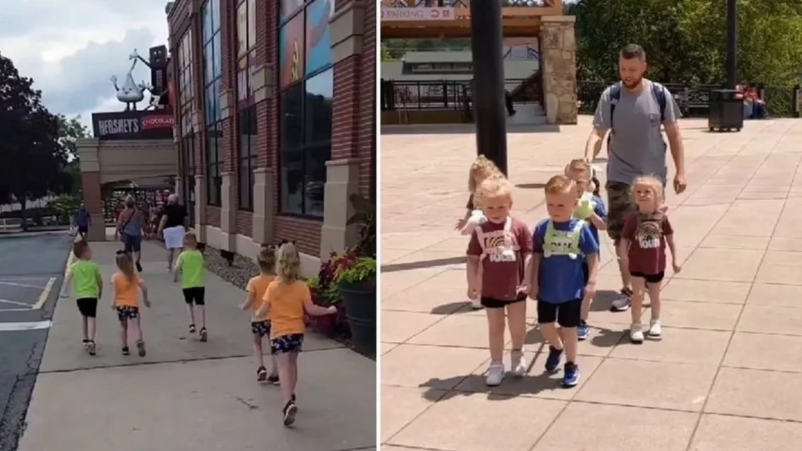 Un tată a fost aspru criticat după ce a fost văzut cu copiii la plimbare. Motivul pentru care folosește o „lesă” pentru cvintupleți