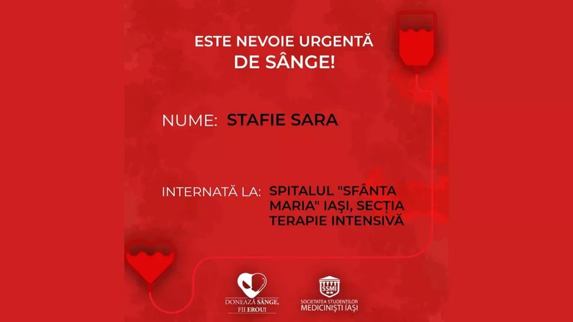 Apel umanitar pentru o pacientă în vârstă de 13 ani, bolnavă de leucemie, care este internată la Spitalul Clinic de Copii „Sf. Maria”! Sara Stafie are nevoie urgent de sânge - FOTO