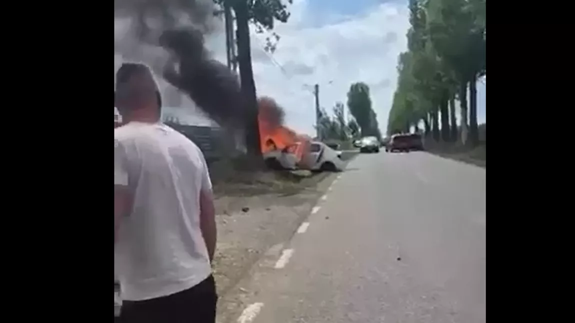 Accident rutier în comuna Miroslava! Un autoturism a luat foc - UPDATE, FOTO, VIDEO