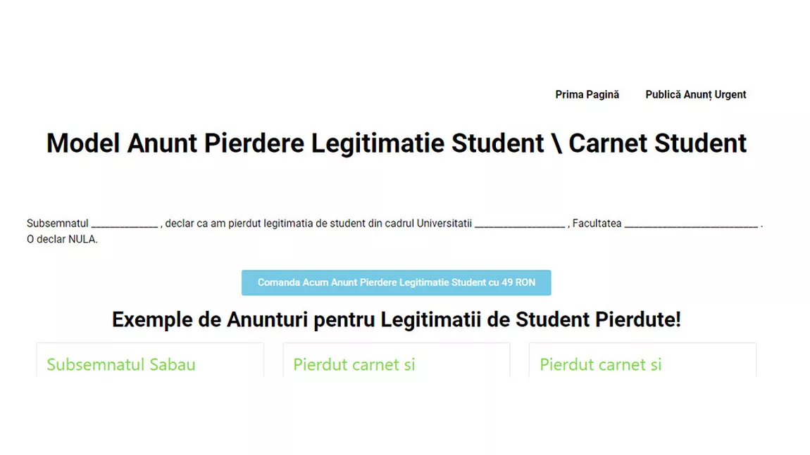 Model anunt pierdere legitimație student carnet student (P)