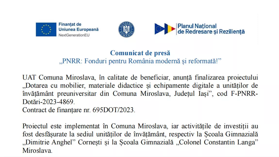 Finalizarea proiectului „Dotarea cu mobilier, materiale didactice și echipamente digitale a unităților de învățământ preuniversitar din comuna Miroslava, județul Iași”