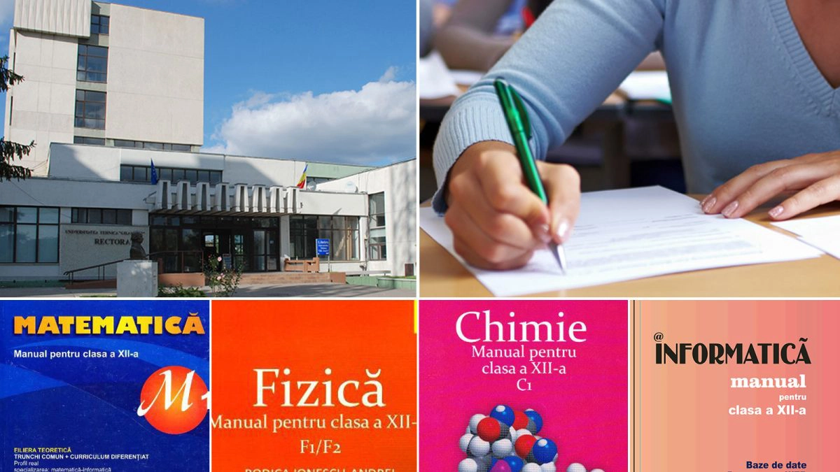 Universitatea-Tehnică-Gheorghe-Asachi-din-Iași,-liceeni-la-examenul-de-Bacalaureat,-manuale-de-Matematică,-Fizică,-Chimie,-Informatică-și-profesor-la-tablă,-rezolvând-exerciții