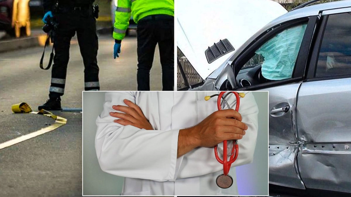 O-mașină-boțită,-un-polițist-care-face-măsurători-la-locul-unui-accident-rutier-și-un-medic-în-halat-alb,-cu-un-stetoscop-la-gât