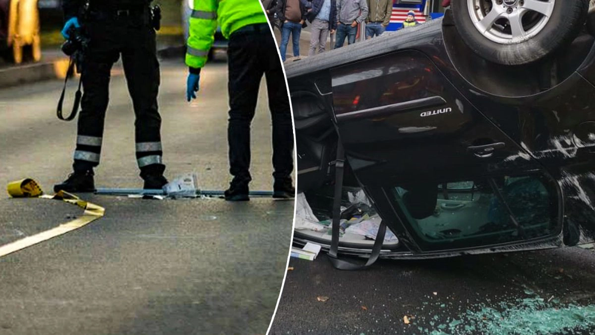 O-mașină-răsturnată-și-un-polițist-care-face-măsurători