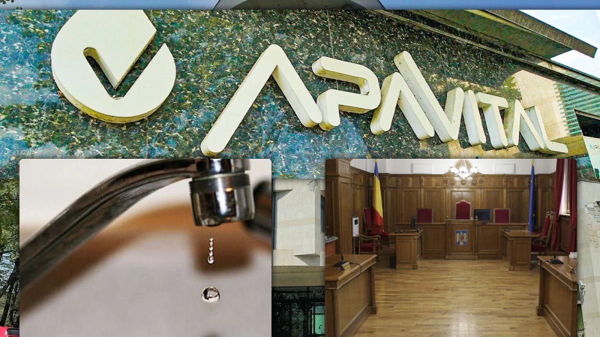 Un-robinet-din-care-picură-apă,-sediul-ApaVital-SA-și-o-sală-de-judecată