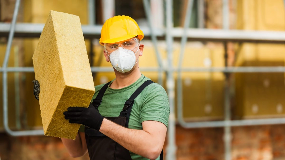 Builder,Holds,Mat,Of,Mineral,Wool,For,Insulating,Buildings.,Space