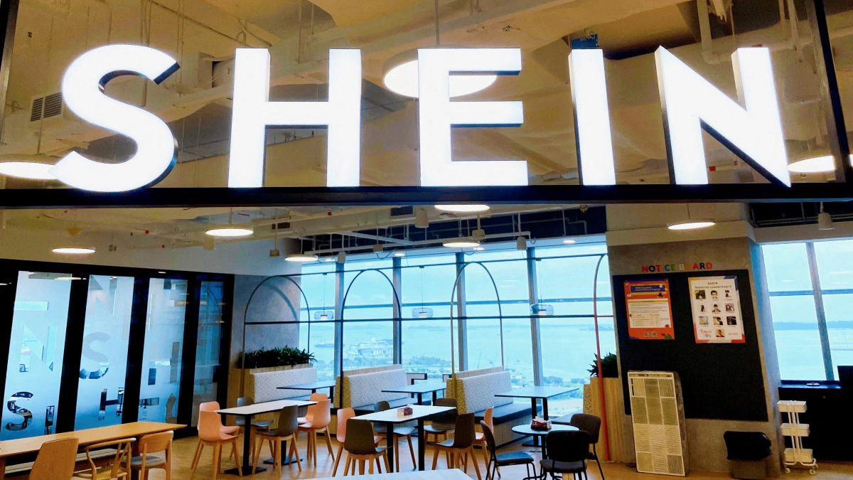 FILE PHOTO: A Shein logo is pictured at the company's office in the central business district of Singapore