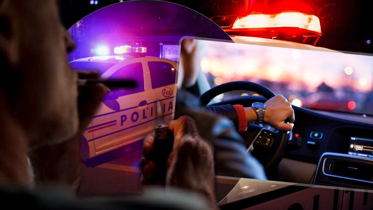 Colaj poze masina de politie, volanul unei masini si un barbat cu o tigara in gura