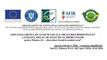 Asociația grupul de acţiune locală Dealurile Bohotinului lansează apelul de selecție al proiectelor pentru măsura 3.3  Dezvoltare locală în mediul rural