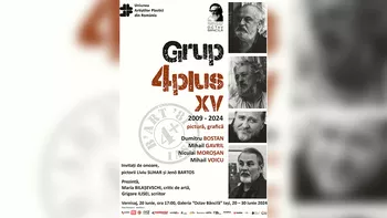 Invitație la expoziția intitulată Grup 4 plus XV semnată de artiștii Dumitru Bostan Mihai Gavril Niculai Moroșan Mihai Voicu.