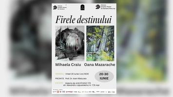 Invitație expoziția de grafică și pictură intitulată „Firele destinului” semnată de artistele Oana Mazarache și Mihaela Craiu, vernisaj