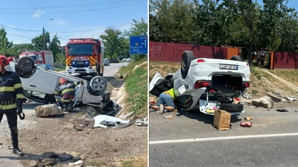 Accident rutier extrem de violent. Explozia unei anvelope l-a făcut pe șofer să intre într-un cap de pod. Autoturismul s-a răsturnat -FOTO