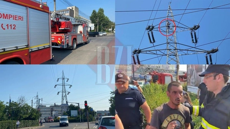 Un ieșean a urcat pe un stâlp de înaltă tensiune și a amenințat autoritățile că se va arunca în gol! Bărbatul avea un cui înfipt în frunte! GALERIE FOTO / VIDEO