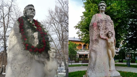 Prima statuie din România a poetului Mihai Eminescu, care se află la Galați, este înroșită. Care este motivul
