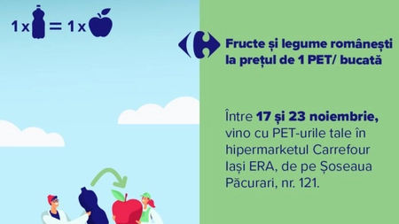 Plata cu PET sau cum pot clienții Carrefour din Iași să cumpere fructe și legume de la producători locali la prețul special de 1 PET bucata 
