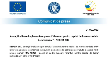 Anunț finalizare implementare proiect “Granturi pentru capital de lucru acordate beneficiarilor” - NEDEIA SRL