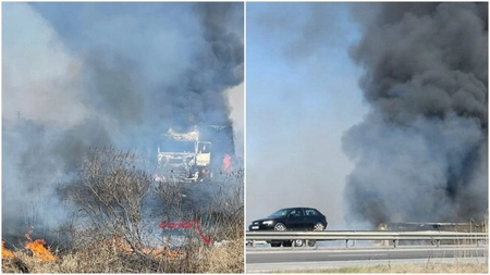 Un TIR a explodat pe autostrada București-Pitești. Din fericire, șoferul a ieșit la timp din cabină - FOTO, VIDEO