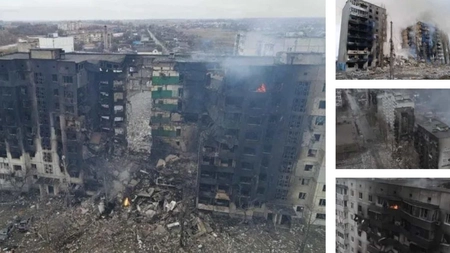 Localitate din apropiere de Kiev distrusă de armata rusă, în urma unui atac cu rachete. Va trebui reconstruită de la zero