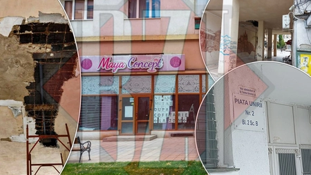 O tragedie poate avea loc, în orice moment, în centrul Iașului! Din tavanul unui pasaj dintre două scări de bloc cad bucăți mari de tencuială! – GALERIE FOTO