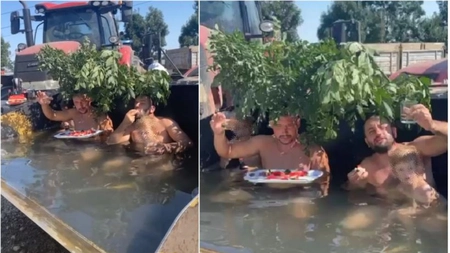 Doar în Argeş mai vezi aşa ceva! Doi fermieri au tranformat cuva excavatorului în piscină