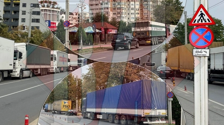 Alo, domnilor polițiști? Chiar nu vedeți ce se întâmplă în CUG? Zeci de mașini și TIR-uri blochează benzile de circulație, pentru că au fost parcate pe interzis. Toți șoferii au permis de șmecher? – FOTO/VIDEO