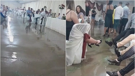 Zeci de invitați au fost inundați la o nuntă în cort. Toți nuntașii au fost nevoiți să fugă din calea apei