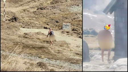 Scene ireale. Un bărbat complet dezbrăcat, surprins în timp ce încerca să urce pe Vârful Omu