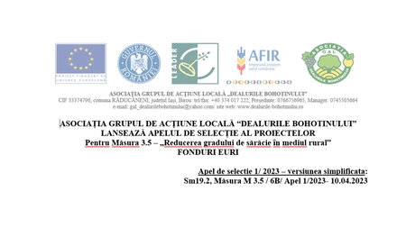 Asociația Grupul de Acţiune Locală “Dealurile Bohotinului” lansează apelul de selecție al proiectelor pentru Măsura 3.5 – „Reducerea gradului de sărăcie în mediul rural” Fonduri Euri