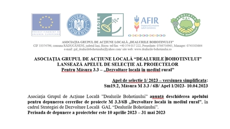 Asociația Grupul de Acţiune Locală “Dealurile Bohotinului” lansează apelul de selecție al proiectelor pentru Măsura 3.3 – „Dezvoltare locală în mediul rural”