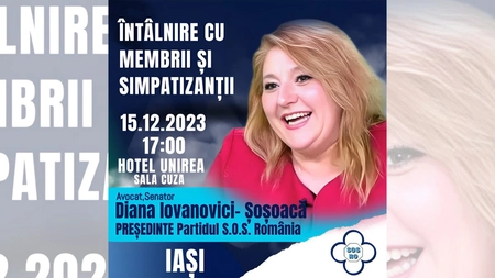 Diana Șoșoacă, reprezentanta Partidului S.O.S. România, vine la Hotel Unirea din Iași pentru un dialog deschis